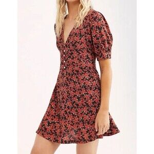 Free People Dress XL Floral Mini Puff Sleeve Black Red Boho Cottagecore Romantic
